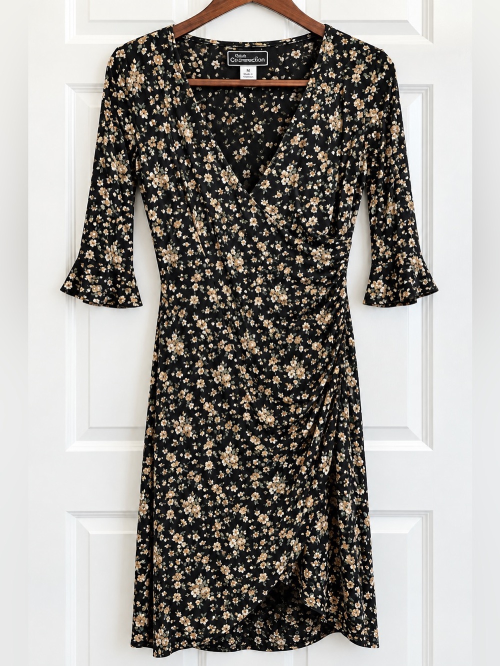 Studio Connection Black Floral Wrap Dress 3/4 Sleeves Ruffle Accents